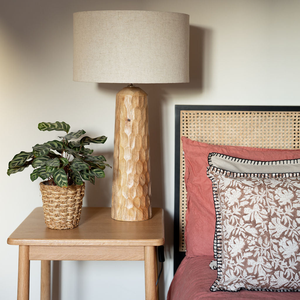 Siston - Textured Wodden Table Lamp with Linen Shade – Arthur Cameron Trade